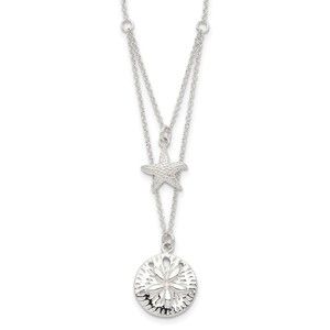 925 Sterling Silver Starfish and Sand Dollar 18 inch 2-strand Charm Necklace